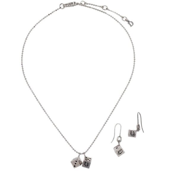 Christian Dior 2set Necklace Piercing Earrings Dice Silver 144870 - Picture 1 of 6